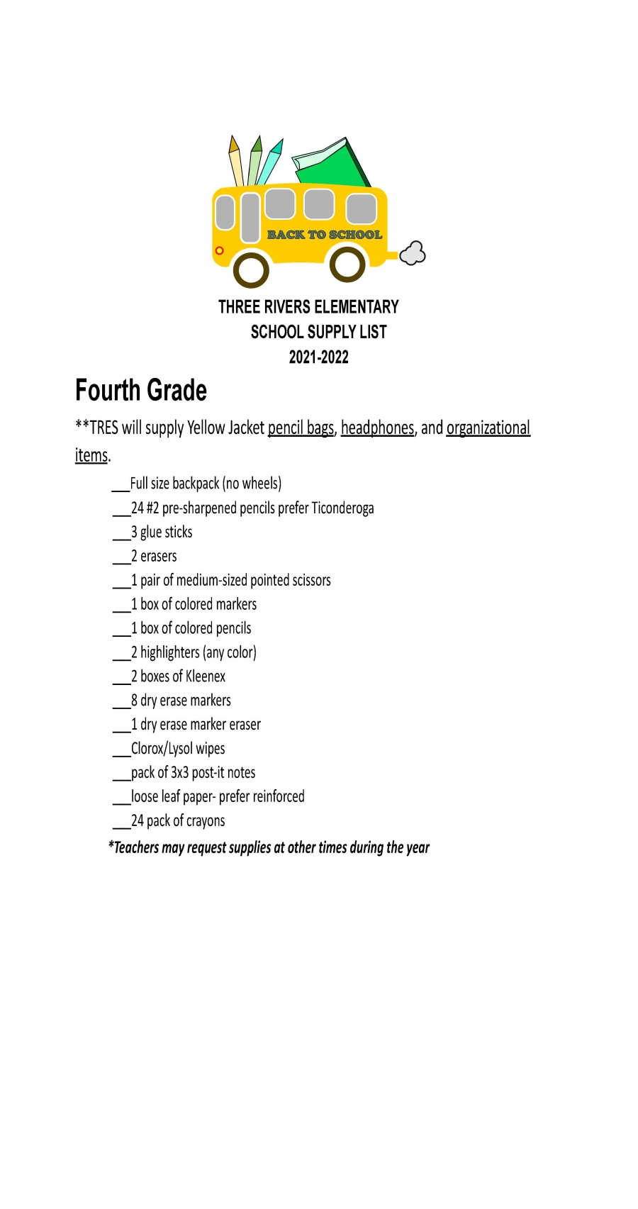 fourth grade supply list